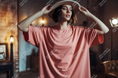 Woman wearing peach t shirt and hat image Product Image 1