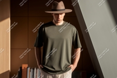 Man wearing olive green t shirt and brown hat image Product Image 1