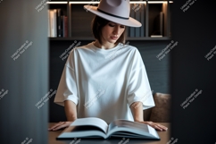Woman wearing white t-shirt and hat reading book image Product Image 1