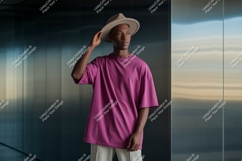Man wearing pink t shirt and hat image Product Image 1
