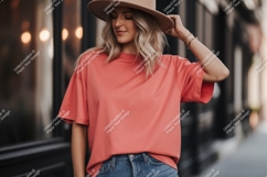 Woman wearing coral t shirt and hat t-shirt denim Product Image 1
