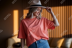 Woman wearing coral t shirt and hat image Product Image 1