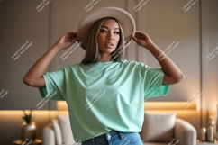 Woman wearing mint green t shirt and hat image Product Image 1