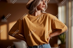 Woman wearing mustard t shirt and hat image Product Image 1