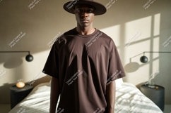 Man wearing brown t shirt and hat image Product Image 1