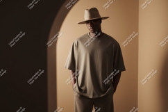 Man wearing hat and loose t shirt clothing Product Image 1