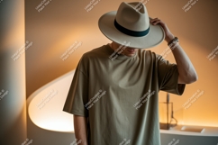 Man wearing fedora hat and t shirt image Product Image 1