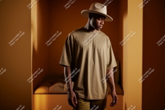 Man wearing tan t shirt and hat image Product Image 1