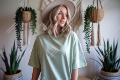 Woman wearing light green t shirt and hat image Product Image 1