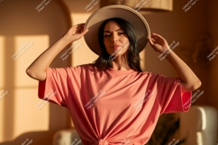 Woman wearing coral t shirt and hat image Product Image 1