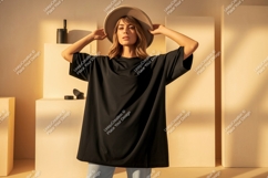 Woman wearing light green t-shirt and hat Product Image 1