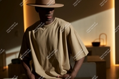 Man wearing tan t shirt and hat image Product Image 1
