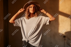 Woman wearing grey t-shirt and hat fashion Product Image 1