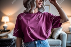 Woman wearing plum t shirt and jeans image Product Image 1