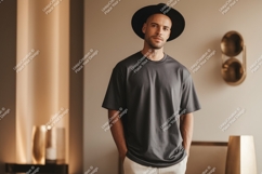 Man wearing dark grey t shirt and black hat image Product Image 1