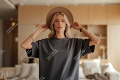 Woman wearing grey t shirt and hat image Product Image 1