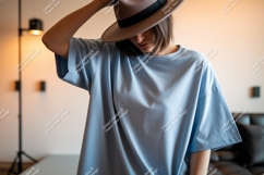 Woman wearing blue t shirt and hat image Product Image 1