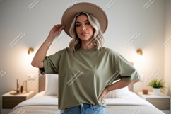 Woman wearing olive green t-shirt and hat image Product Image 1