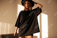 Woman wearing oversized black t shirt and hat image Product Image 1