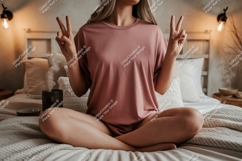 Woman peace sign in pink shirt image Product Image 1