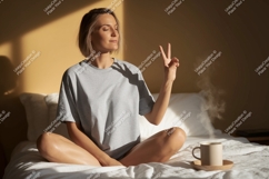 Woman peace gesture morning coffee image Product Image 1