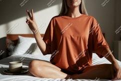 Woman meditating with coffee meditation morning Product Image 1
