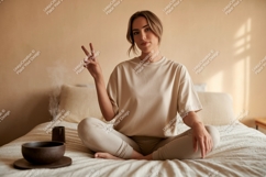 Woman peace sign meditation yoga Product Image 1
