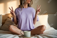 Woman peace sign lavender shirt mockup Product Image 1