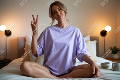 Woman peace sign relaxed bedroom mockup Product Image 1