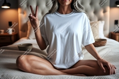 Woman peace sign white t shirt mockup image Product Image 1