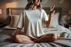 Woman peace gesture with coffee in bed steam Product Image 1