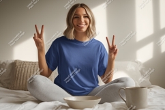 Woman blue t shirt peace sign t-shirt Product Image 1