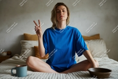 Woman peace gesture blue shirt image Product Image 1