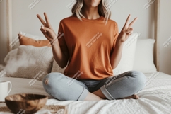 Woman orange shirt peace sign jeans mockup image Product Image 1