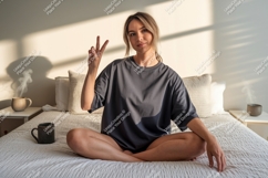 Woman peace sign morning coffee image Product Image 1