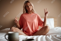 Woman wearing coral t shirt peace sign image Product Image 1