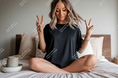 Woman peace sign gesture black shirt image Product Image 1