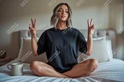 Woman meditating black t shirt mockup yoga peace Product Image 1