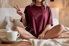 Woman wearing maroon t shirt peace sign image Product Image 1
