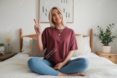Blonde Woman Peace Sign Bedroom Mockup Product Image 1