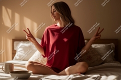 Woman wearing red shirt peace sign image Product Image 1