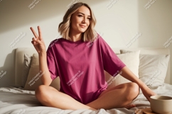 Woman wearing pink t shirt peace sign image Product Image 1