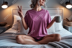 Woman peaceful pose holding coffee mug image Product Image 1