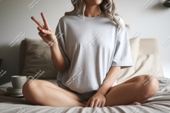 Woman grey t shirt peace sign image Product Image 1