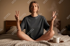 Woman peace sign meditation dark t shirt mockup image Product Image 1