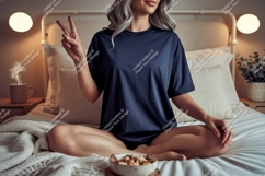 Woman wearing dark blue t shirt peace sign image Product Image 1