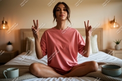 Woman meditating peace sign bedroom image Product Image 1