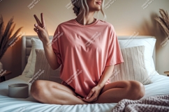 Woman peace sign casual t shirt mockup Product Image 1
