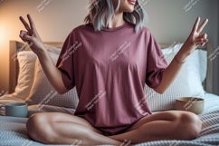Woman wearing pink t shirt peace sign image Product Image 1