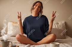 Woman peace sign relaxed indoor mockup Product Image 1